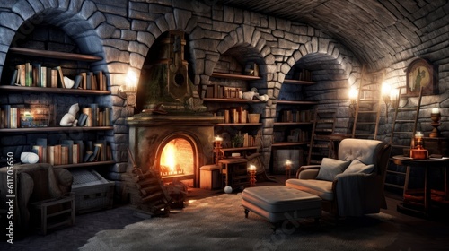 Cozy underground bunker with fireplace and reading nook. Generative AI.