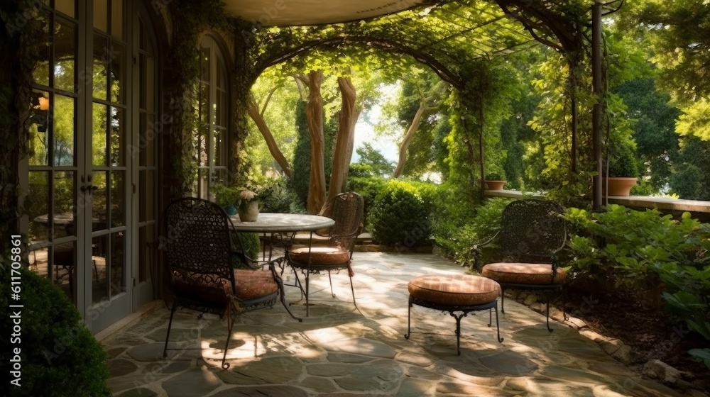 French Country Style Patio with Stone Flooring and Wrought Iron Furniture. Generative AI.