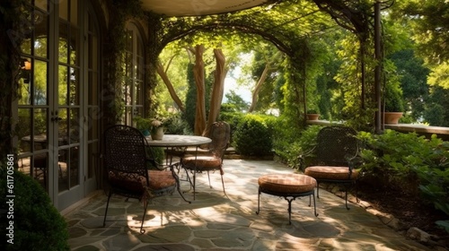 French Country Style Patio with Stone Flooring and Wrought Iron Furniture. Generative AI.