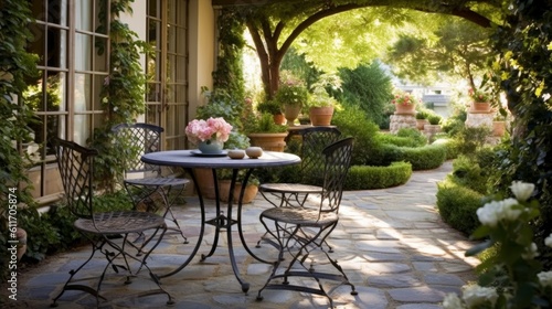French Country Style Patio with Stone Flooring and Wrought Iron Furniture. Generative AI.
