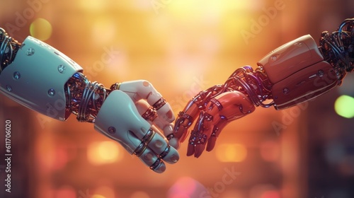 Happy Gay Robot Holding Hands with Another Robot. Generative AI.