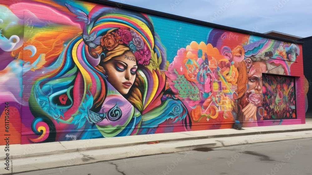 Inspirational LGBTQ Pride Mural with Symbols of Love and Unity. Generative AI. Inspirational LGBTQ Pride Mural with Symbols of Love and Unity. Generative AI.