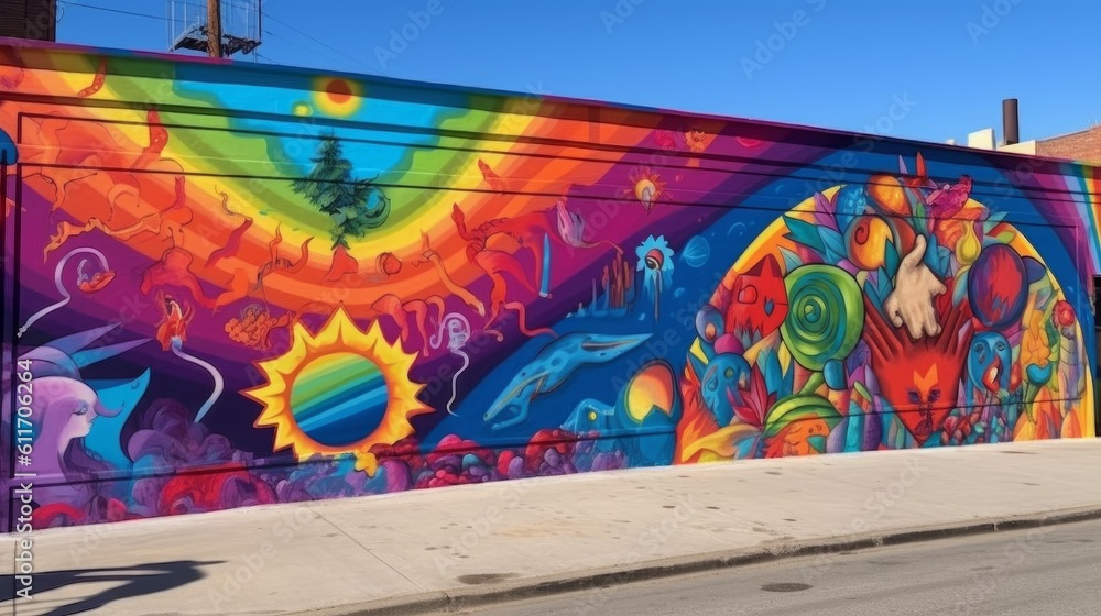 Inspirational LGBTQ Pride Mural with Symbols of Love and Unity. Generative AI.