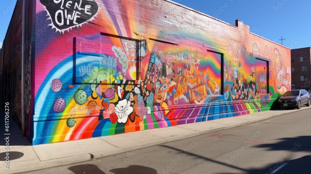 Obraz premium Inspirational LGBTQ Pride Mural with Symbols of Love and Unity. Generative AI.