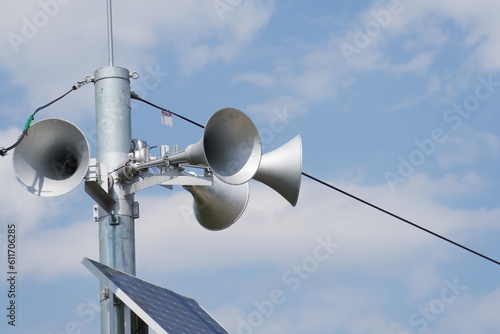 outdoor public address system consisting of five amplification megaphones photo