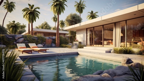 Mid-Century Modern Style Patio with Pool and Palm Trees. Generative AI.