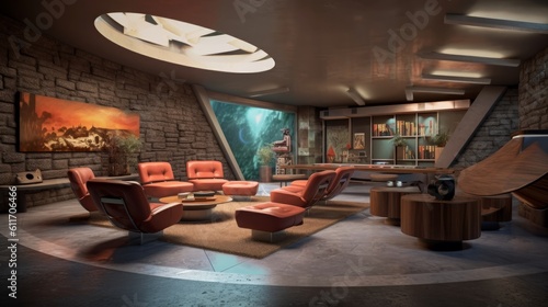 Mid-century modern underground bunker with home theater and bar. Generative AI.
