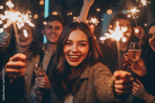Group of young girls and boys friends celebrate New Year's Eve with drinking glasses. Generative AI