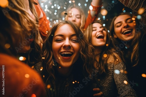 Group of young girls and boys friends celebrate New Year's Eve with drinking glasses. Generative AI