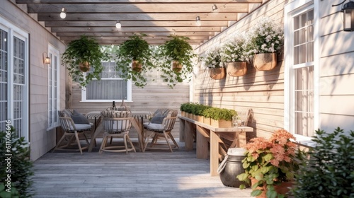 Modern Farmhouse Style Patio with Rustic Wood Accents and Hanging Planters. Generative AI.