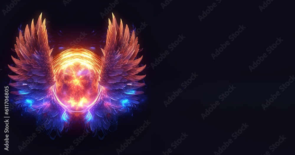 Spiritual orb with wings of love, cosmic magical sphere glowing on dark background. Concept. Fantady light and shiny round shape. Card. Generative AI.