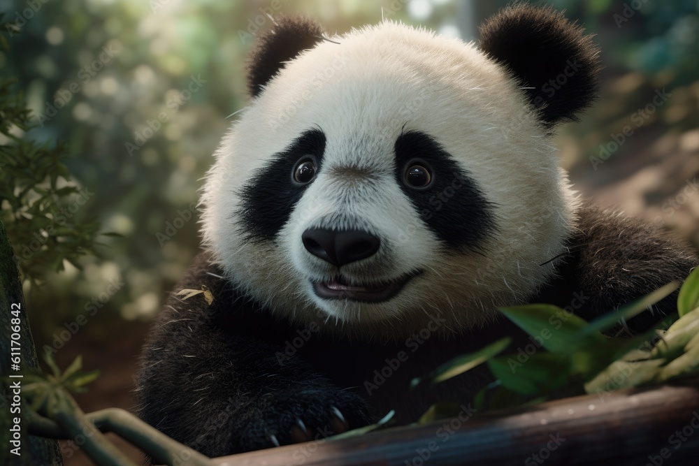 Fototapeta premium Close-up photo of panda in the rain. Generative AI