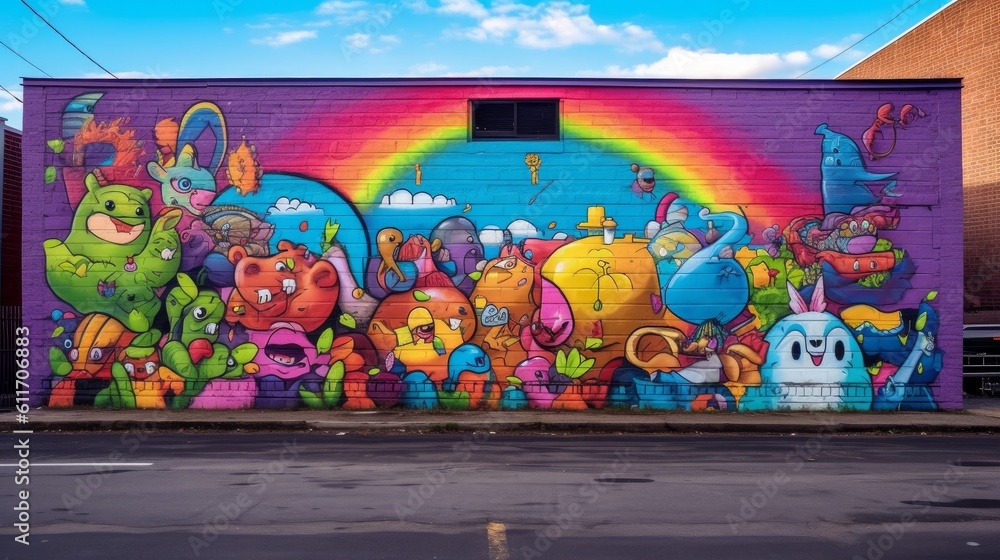 Obraz premium Playful LGBTQ Pride Mural with Whimsical Illustrations and Bright Colors. Generative AI.