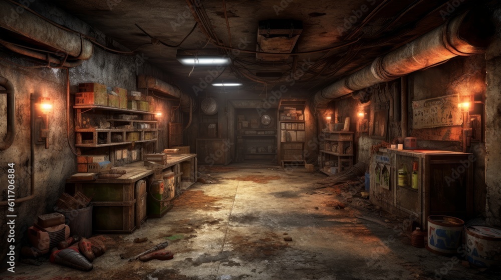 Obraz premium Post-apocalyptic underground bunker with armory and survival room. Generative AI.