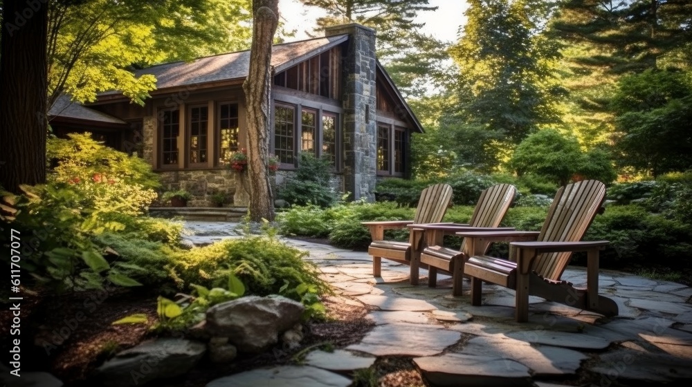 Rustic Style Patio with Stone Fireplace and Adirondack Chairs. Generative AI.