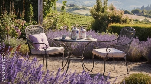 Romantic French Country Style Patio with Iron Furniture and Lavender Garden. Generative AI. © bomoge.pl