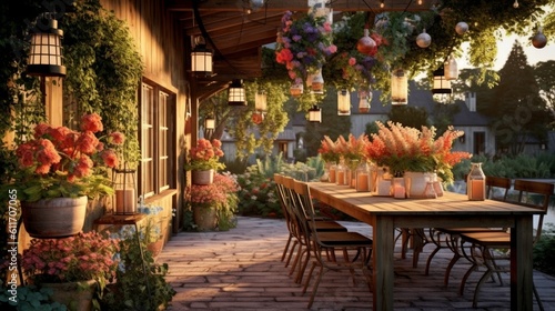 Rustic Outdoor Dining Area with Hanging Lanterns and Colorful Flowers. Generative AI.