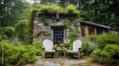 Rustic Style Patio with Stone Fireplace and Adirondack Chairs. Generative AI.