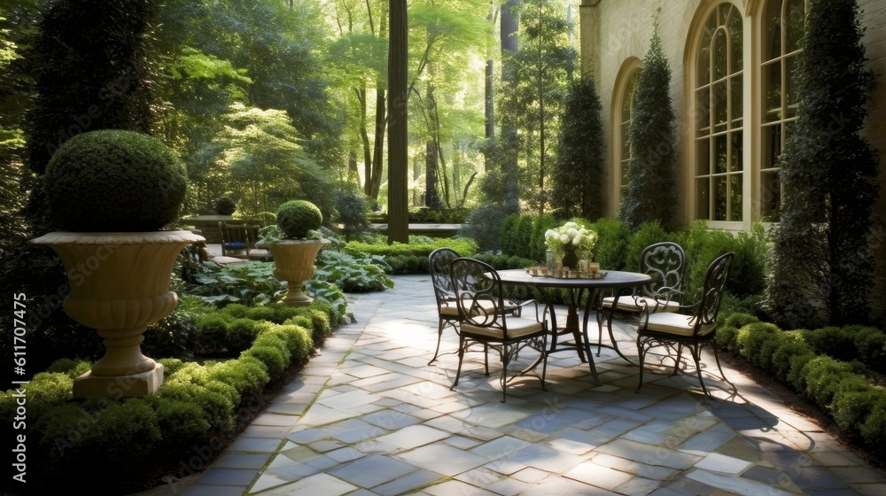Traditional English Style Patio with Wrought Iron Furniture and Garden Fountains. Generative AI.