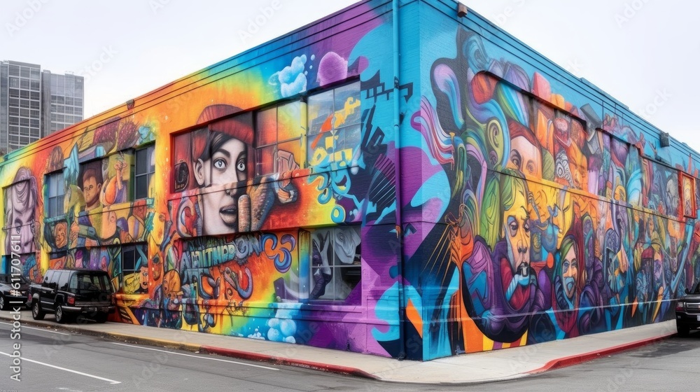 Fototapeta premium Urban LGBTQ Pride Mural with Bold Typography and Cityscape Background. Generative AI.
