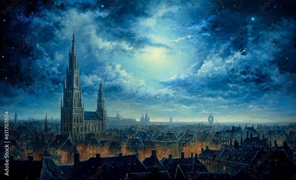 Night sky with towers and spires seen from brussels, in the style of Danish golden age, light indigo and azure, Dutch landscape. Generative Ai.