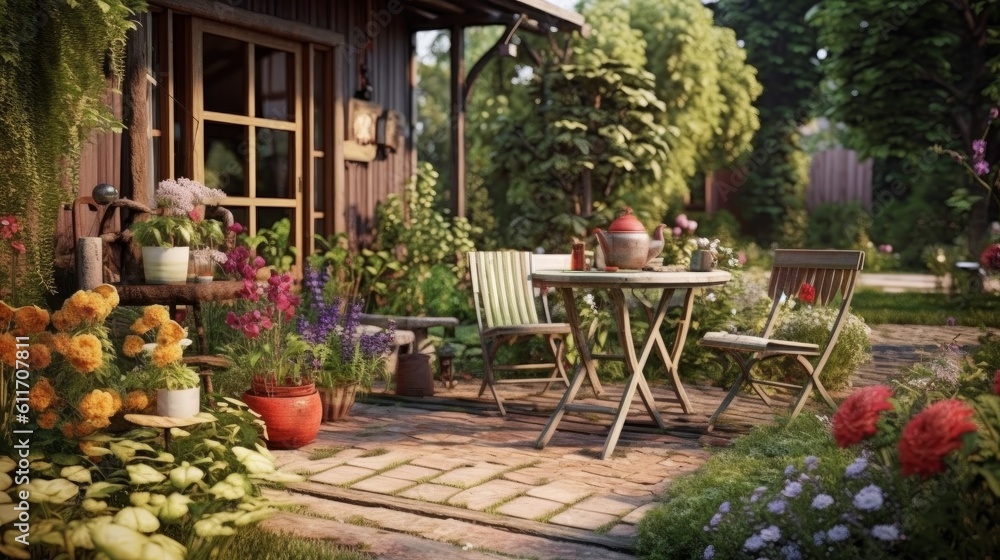 Vintage Country Style Patio with Wooden Furniture and Wildflowers. Generative AI.