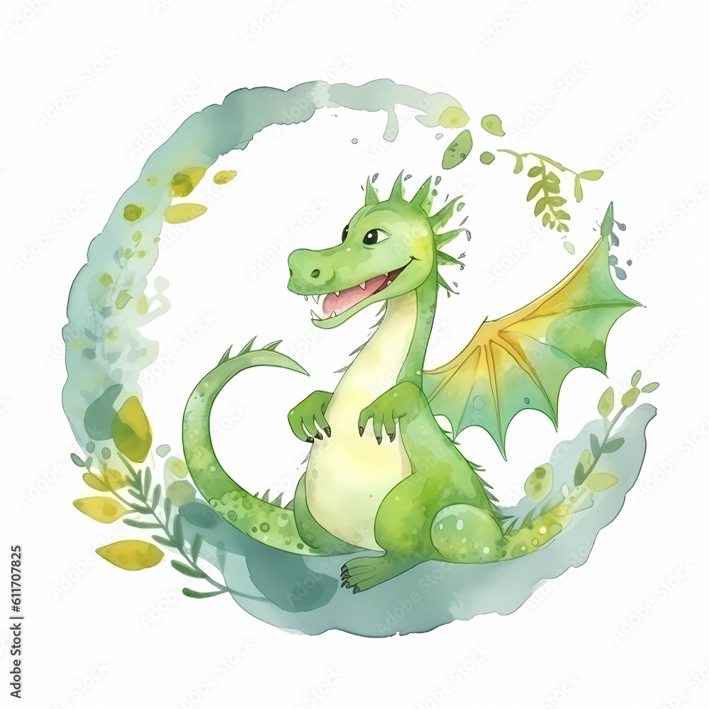 Obraz premium Cute watercolor dragon in green. Symbol of the year 2024. Cartoon character. Illustration. AI Generated.