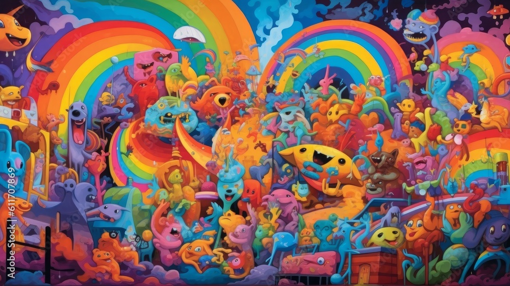Fototapeta premium Whimsical LGBTQ Pride Mural with Colorful Butterflies and Flowers. Generative AI.