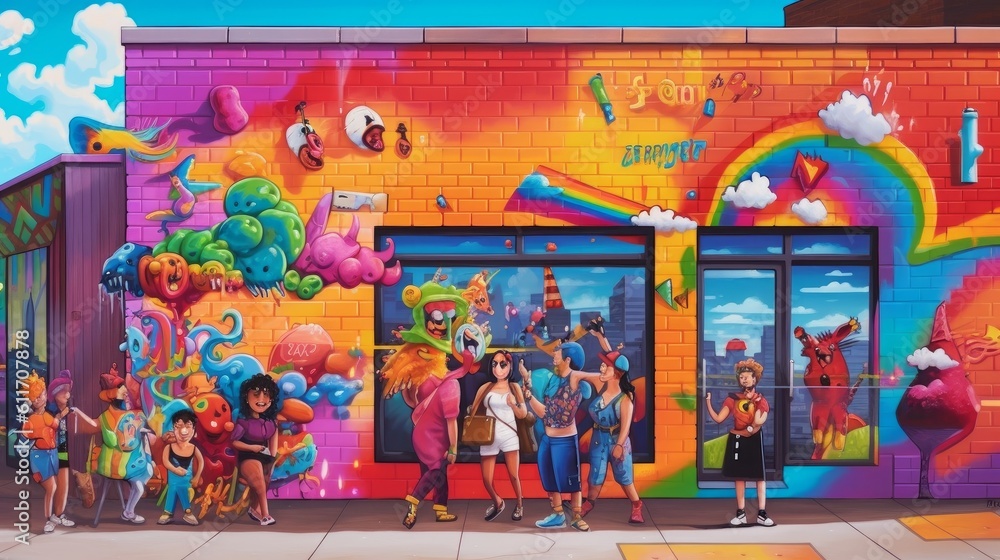 Whimsical LGBTQ Pride Mural with Playful Characters and Colors. Generative AI.
