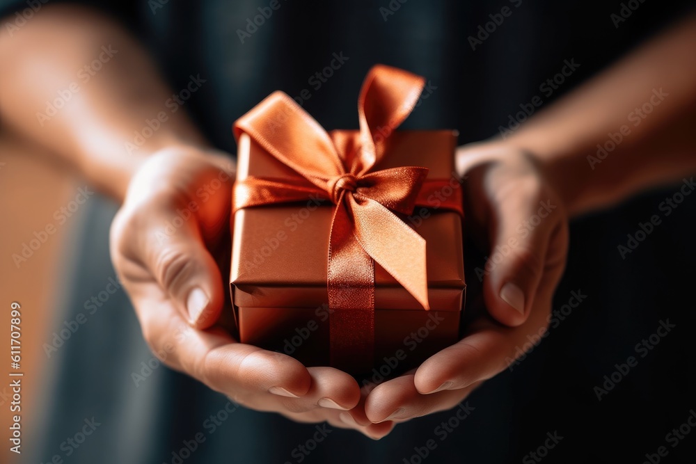 hands holding small gift with ribbon, AI generative hands holding small gift with ribbon, AI generative