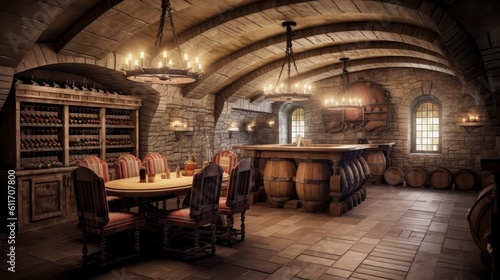 Victorian underground bunker with wine cellar and tasting room. Generative AI.