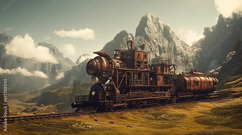 Fototapeta premium steam trainboat, generative, ai, steampunk, retro, vintage