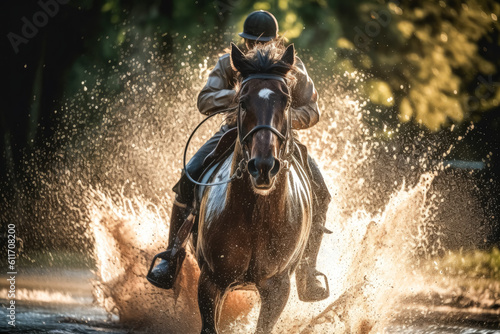 Brown horse running through water, horse splashing water. Generative Ai. © Saulo Collado