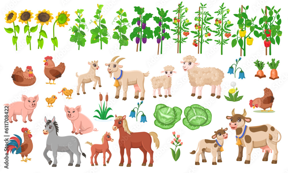 Set of farm animals in a cartoon style. Vector illustration of cow, goat, horse, chicken, pig, cock, sheep, donkey. Illustrations on white background for children