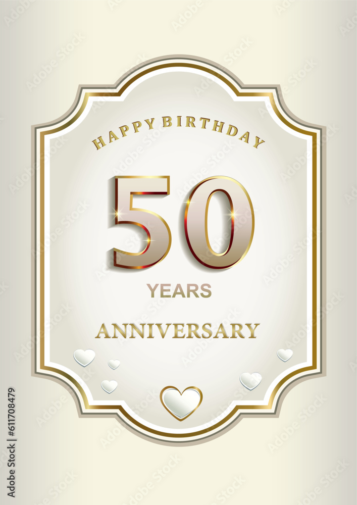 Fototapeta premium Anniversary 50th years, greeting card with hearts in an elegant curly frame, festive background, vector design for celebration, invitation, congratulation