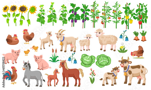 Fototapeta Naklejka Na Ścianę i Meble -  Set of farm animals in a cartoon style. Vector illustration of cow, goat, horse, chicken, pig, cock, sheep, donkey. Illustrations on white background for children