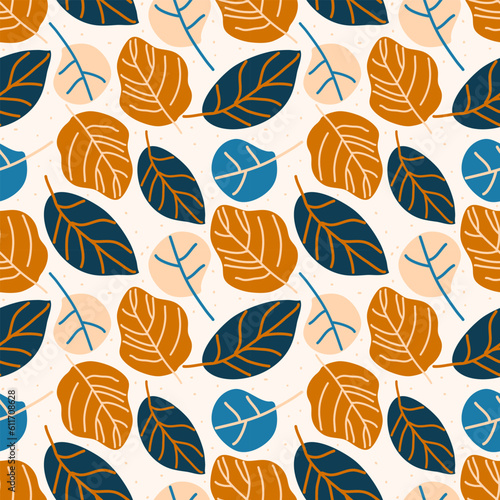 Seamless plant pattern in scandinavian folk style. vector pattern of blue and orange leaves drawn in simple shapes for fall packaging print or for textiles. © Ksenia Grain