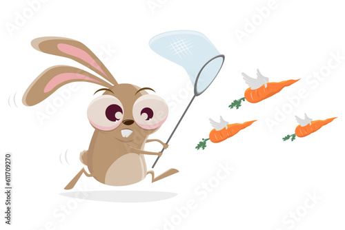 funny cartoon rabbit catching carrots