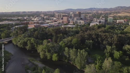 Flying over the Boise River toward downtown Boise