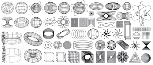 3d Retro futuristic. Black trip elements on the white background. Acid rave concept. Trippy vibe shapes, dots, lines, abstract forms in vaporwave 80s and 90s.