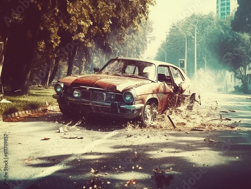 Illustration of a crushed car after being involved in an accident. Major damage to the car body. There was also damage around the scene.