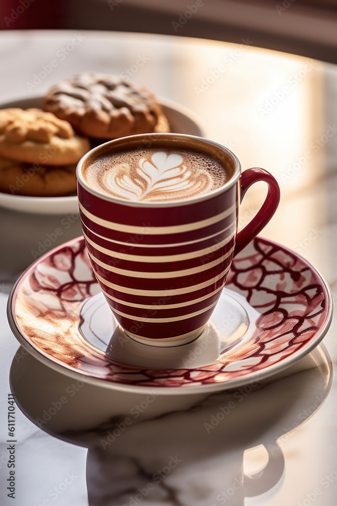 Cup of coffee with milk and some biscuits on a table Illustration AI Generative. Cup of coffee with milk and some biscuits on a table Illustration AI Generative.