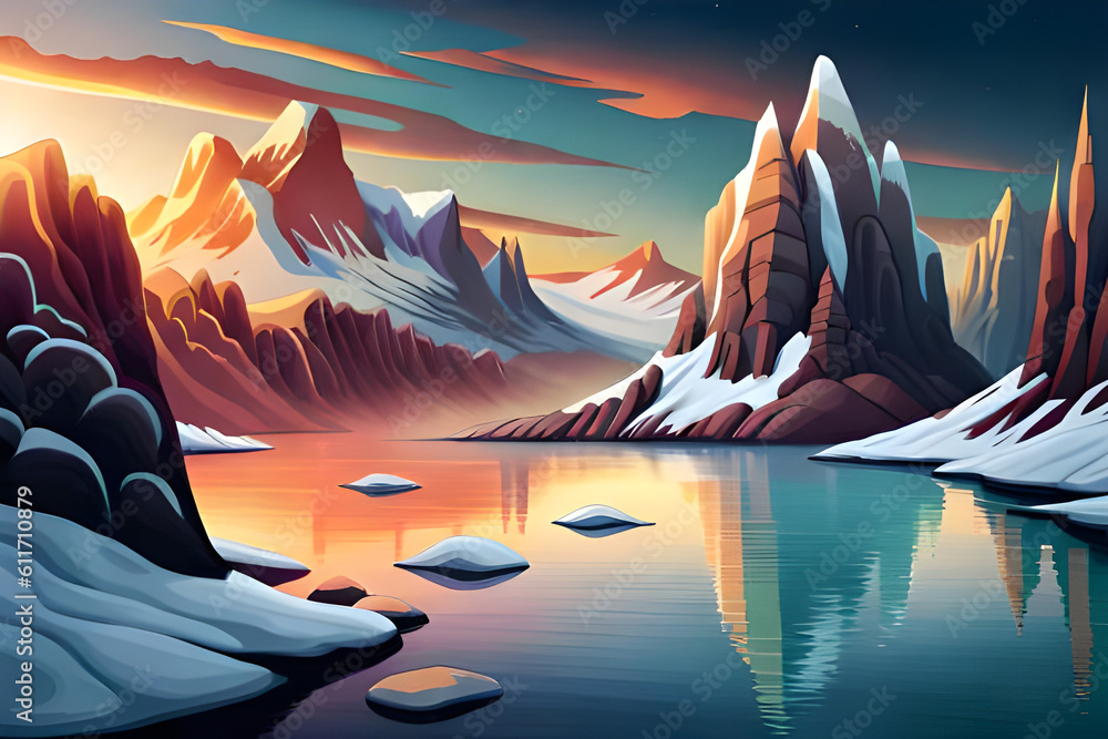 Fantasy landscape with mountains and a lake. Vector illustration background, generative ai