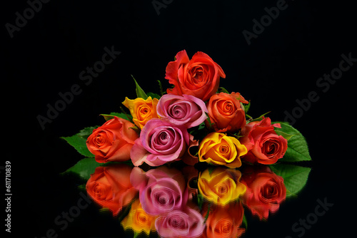 Beautiful Bouquet of roses and flowers, used for love and passion and wedding bells. Shot on a reflective surface in a studio with a dark black background.Beautiful Vintage, stacked on top