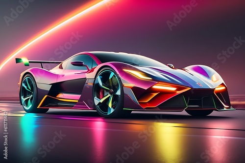 Futuristic Sports Car On Neon Highway. Powerful acceleration of a supercar with colorful lights trails.