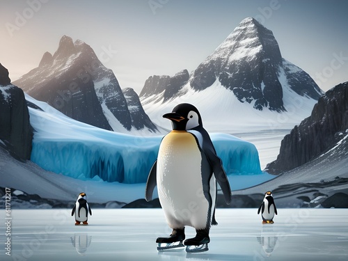 niedlicher Pinguin  Schlittschuhlaufen vor einer malerischen Kulisse aus Pinguinen und verschneiten Bergen  eisige Abenteuer Generative AI