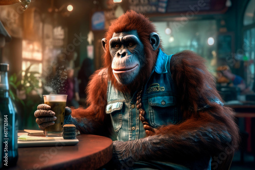 friendly and charismatic ape character involved in an everyday activity, animal influencer, animals banner, Generative AI