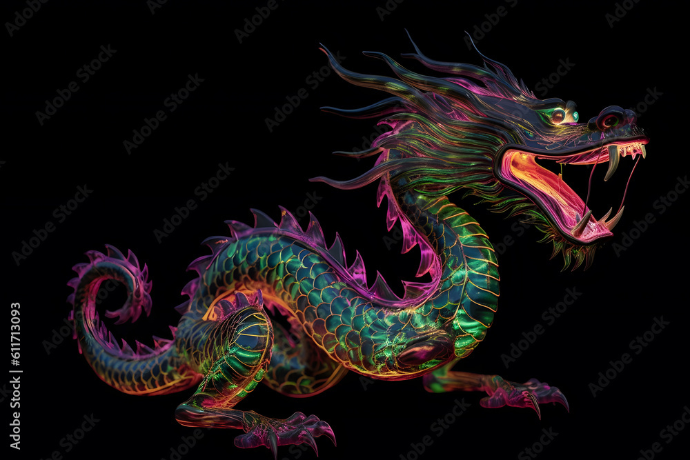 Neon light oriental dragon illustration. Generative AI Neon light oriental dragon illustration. Generative AI