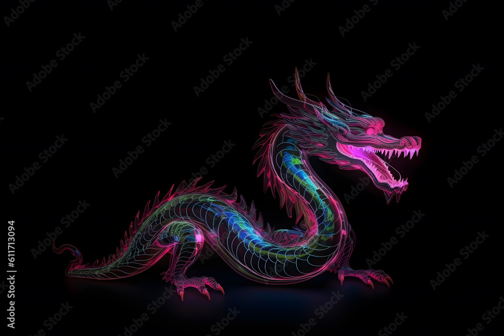Fototapeta premium Neon light oriental dragon illustration. Generative AI