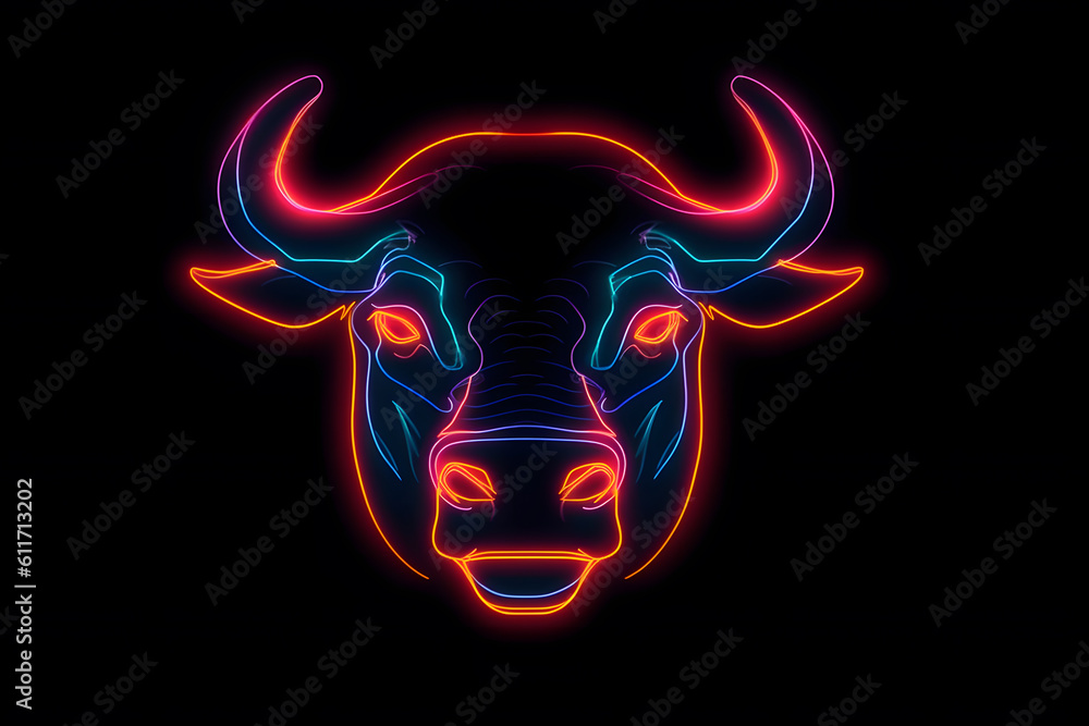 Figure of a bull with neon lighting isolated on black background. Generative AI